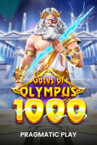 Gates of Olympus 1000 slot game thumbnail, Zeus holding a lightning bolt